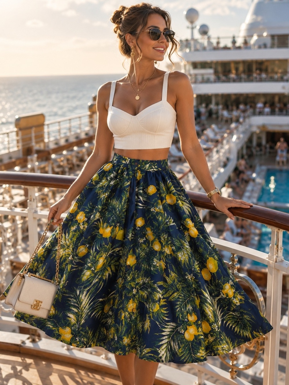 Truly 4 You Tropical Lemon Wrap Skort Midi Skirt Belted Resort Chic M